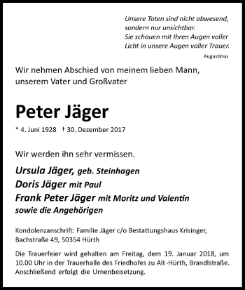 Anzeige von Peter Jäger von Kölner Stadt-Anzeiger / Kölnische Rundschau / Express