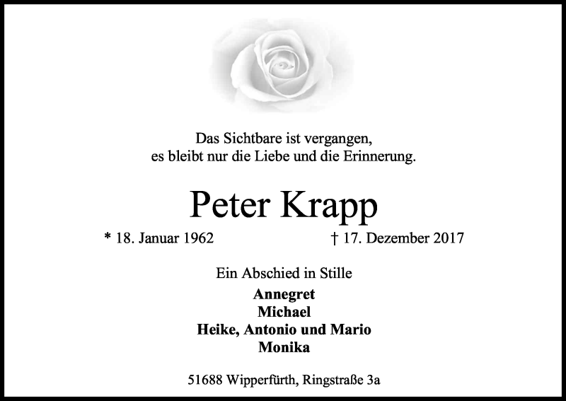  Traueranzeige für Peter Krapp vom 06.01.2018 aus Kölner Stadt-Anzeiger / Kölnische Rundschau / Express