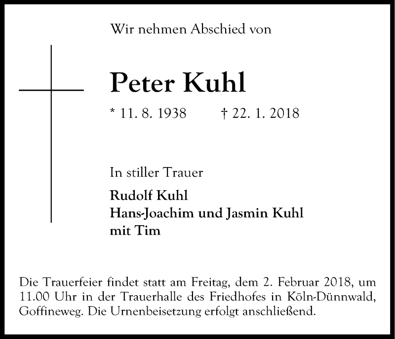  Traueranzeige für Peter Kuhl vom 27.01.2018 aus Kölner Stadt-Anzeiger / Kölnische Rundschau / Express