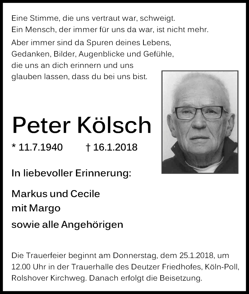  Traueranzeige für Peter Kölsch vom 20.01.2018 aus Kölner Stadt-Anzeiger / Kölnische Rundschau / Express