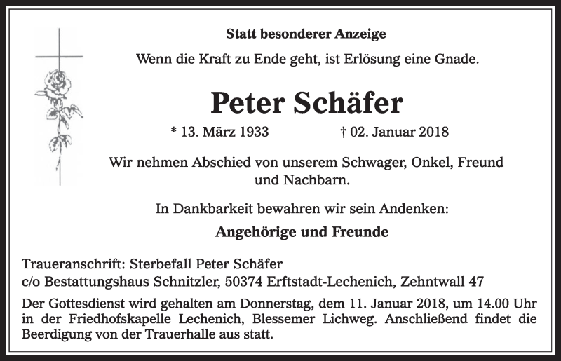  Traueranzeige für Peter Schäfer vom 06.01.2018 aus  Sonntags-Post 