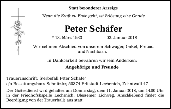 Anzeige von Peter Schäfer von Kölner Stadt-Anzeiger / Kölnische Rundschau / Express