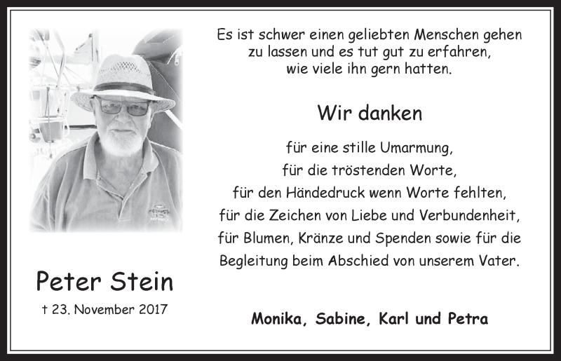  Traueranzeige für Peter Stein vom 10.01.2018 aus  Werbepost 