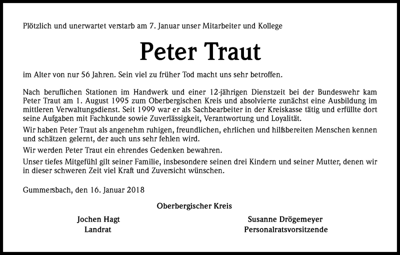  Traueranzeige für Peter Traut vom 16.01.2018 aus Kölner Stadt-Anzeiger / Kölnische Rundschau / Express