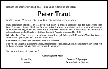 Anzeige von Peter Traut von Kölner Stadt-Anzeiger / Kölnische Rundschau / Express