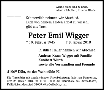 Anzeige von Peter Emil Wigger von Kölner Stadt-Anzeiger / Kölnische Rundschau / Express