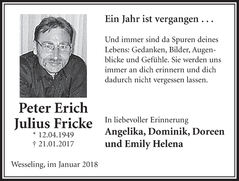 Traueranzeige für Peter Erich Julius Fricke vom 17.01.2018 aus  Schlossbote/Werbekurier 
