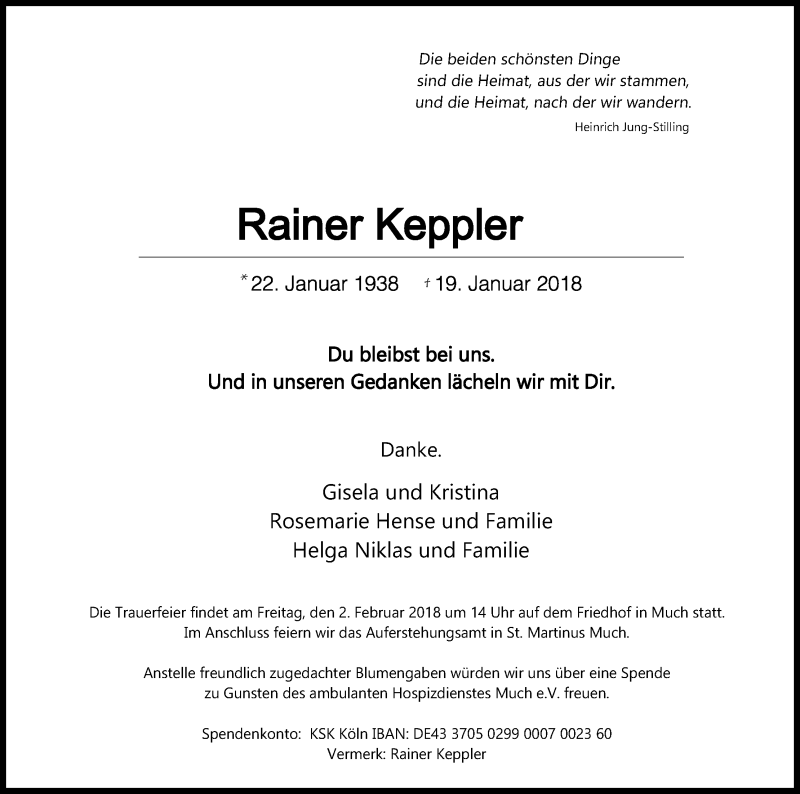  Traueranzeige für Rainer Keppler vom 27.01.2018 aus Kölner Stadt-Anzeiger / Kölnische Rundschau / Express