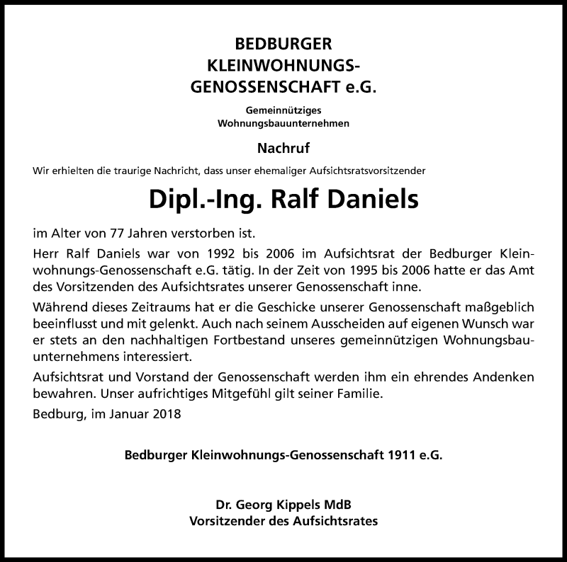  Traueranzeige für Ralf Daniels vom 25.01.2018 aus Kölner Stadt-Anzeiger / Kölnische Rundschau / Express