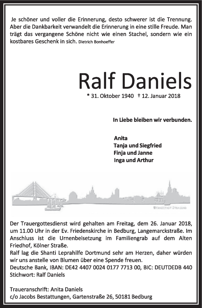  Traueranzeige für Ralf Daniels vom 20.01.2018 aus  Sonntags-Post 