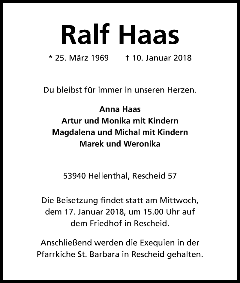  Traueranzeige für Ralf Haas vom 16.01.2018 aus Kölner Stadt-Anzeiger / Kölnische Rundschau / Express