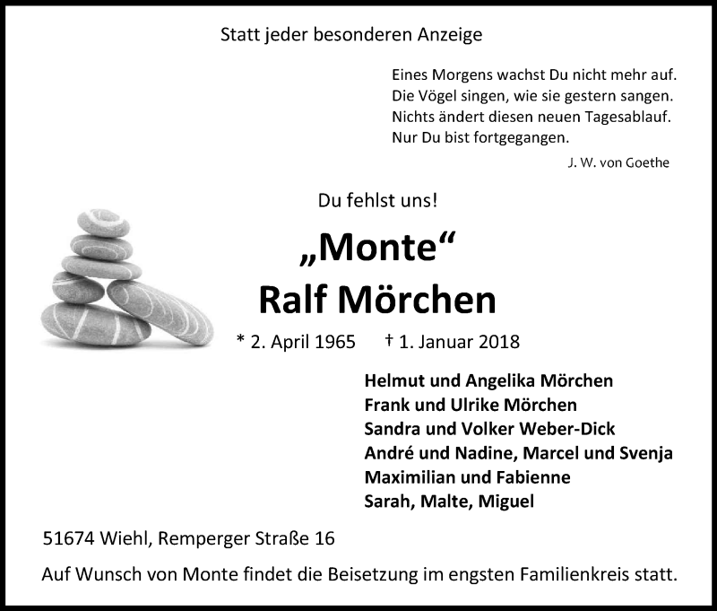  Traueranzeige für Ralf Mörchen vom 04.01.2018 aus Kölner Stadt-Anzeiger / Kölnische Rundschau / Express