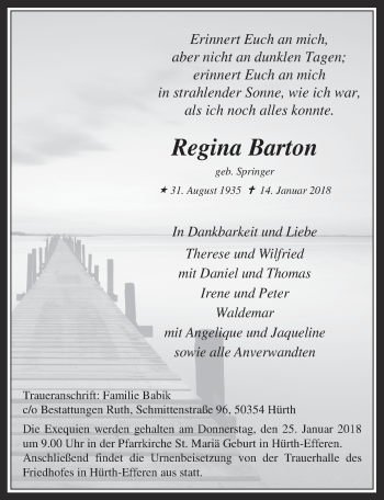 Anzeige von Regina Barton von  Wochenende 
