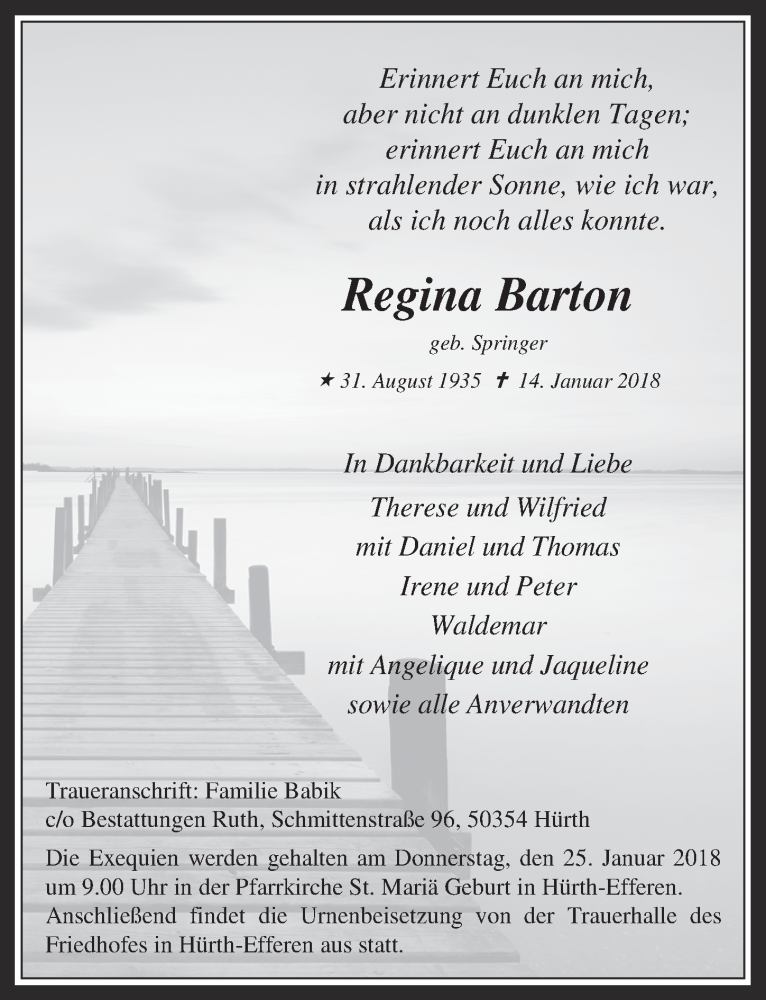  Traueranzeige für Regina Barton vom 17.01.2018 aus  Wochenende 