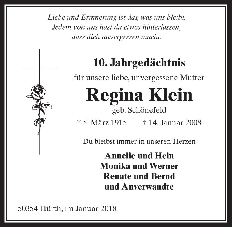  Traueranzeige für Regina Klein vom 10.01.2018 aus  Wochenende 