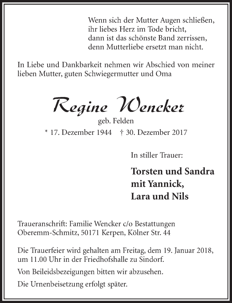  Traueranzeige für Regine Wencker vom 13.01.2018 aus  Sonntags-Post 
