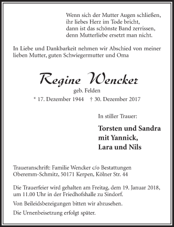 Anzeige von Regine Wencker von  Sonntags-Post 