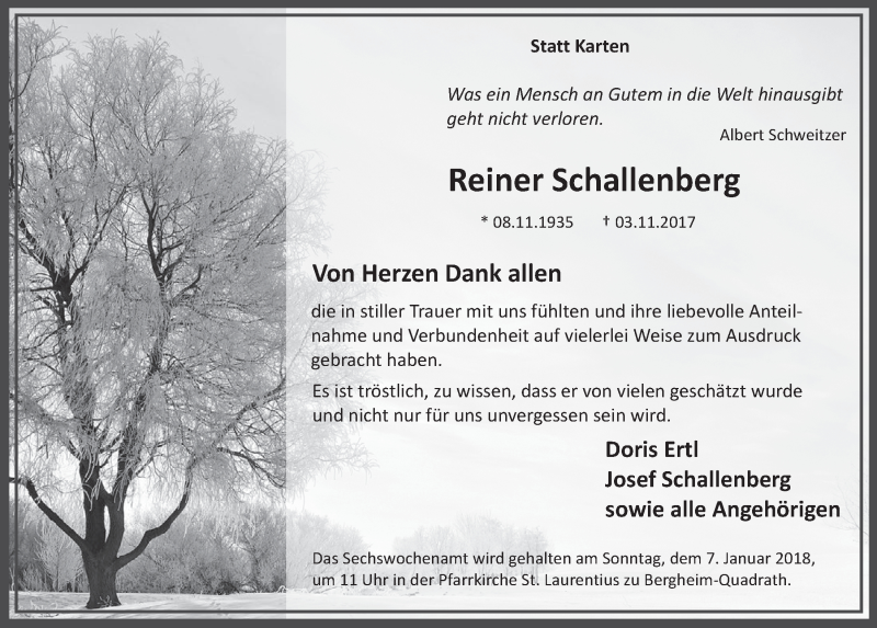  Traueranzeige für Reiner Schallenberg vom 03.01.2018 aus  Werbepost 