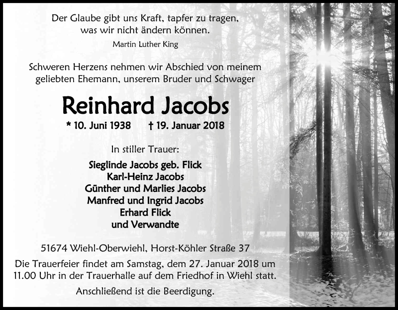  Traueranzeige für Reinhard Jacobs vom 23.01.2018 aus Kölner Stadt-Anzeiger / Kölnische Rundschau / Express