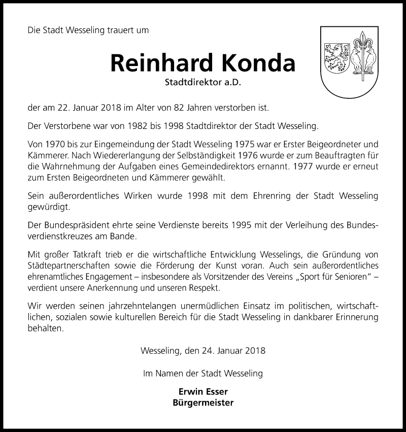  Traueranzeige für Reinhard Konda vom 27.01.2018 aus Kölner Stadt-Anzeiger / Kölnische Rundschau / Express
