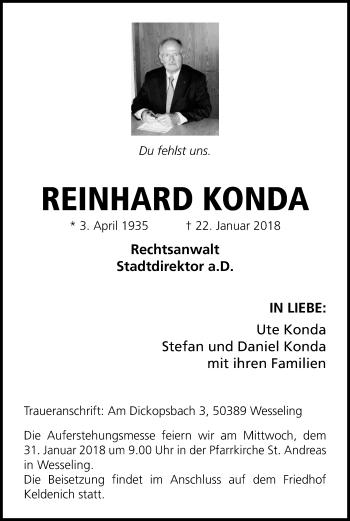 Anzeige von Reinhard Konda von Kölner Stadt-Anzeiger / Kölnische Rundschau / Express