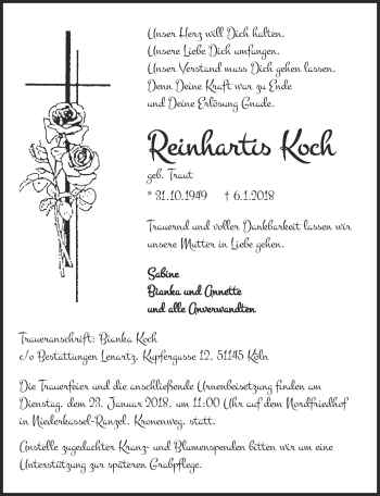 Anzeige von Reinhartis Koch von  Kölner Wochenspiegel 