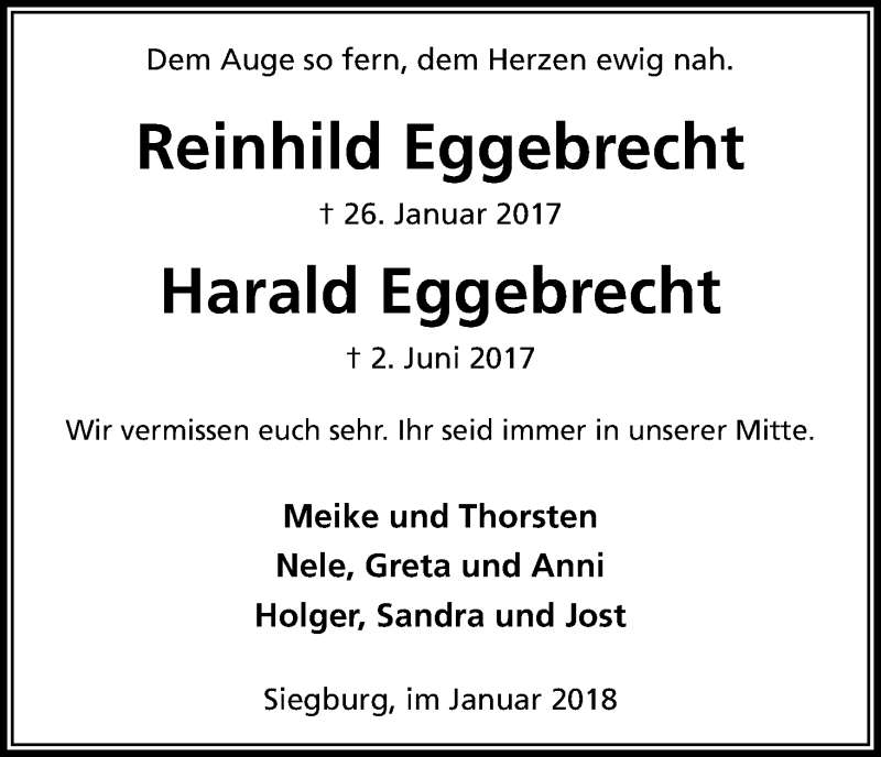 Traueranzeige für Reinhild Eggebrecht vom 27.01.2018 aus Kölner Stadt-Anzeiger / Kölnische Rundschau / Express