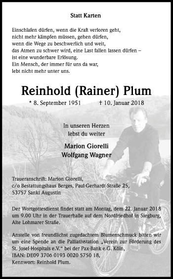 Anzeige von Reinhold  Plum von Kölner Stadt-Anzeiger / Kölnische Rundschau / Express