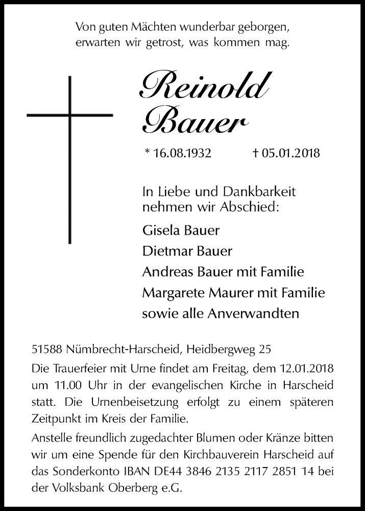  Traueranzeige für Reinold Bauer vom 10.01.2018 aus Kölner Stadt-Anzeiger / Kölnische Rundschau / Express