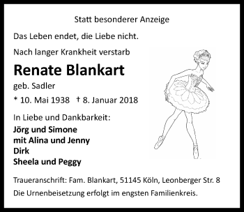 Anzeige von Renate Blankart von  Kölner Wochenspiegel 