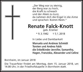 Anzeige von Renate Falck-Knott von  Schaufenster/Blickpunkt am Wochenende 