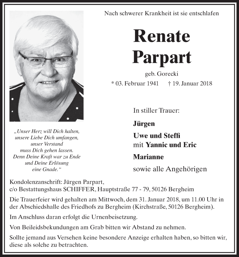  Traueranzeige für Renate Parpart vom 27.01.2018 aus  Sonntags-Post 