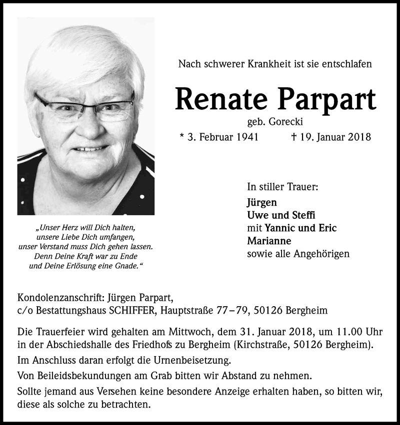  Traueranzeige für Renate Parpart vom 27.01.2018 aus Kölner Stadt-Anzeiger / Kölnische Rundschau / Express