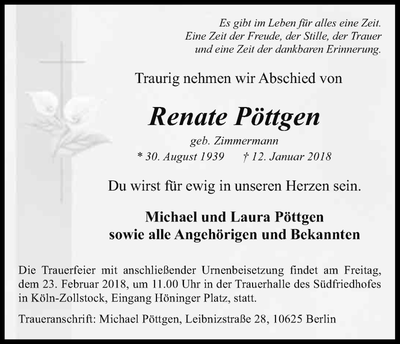  Traueranzeige für Renate Pöttgen vom 27.01.2018 aus Kölner Stadt-Anzeiger / Kölnische Rundschau / Express