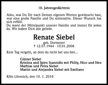 Anzeige von Renate Siebel von Kölner Stadt-Anzeiger / Kölnische Rundschau / Express