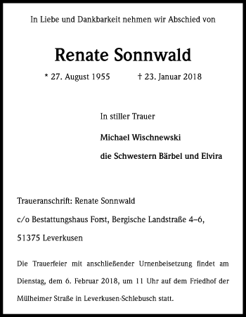 Anzeige von Renate Sonnwald von Kölner Stadt-Anzeiger / Kölnische Rundschau / Express