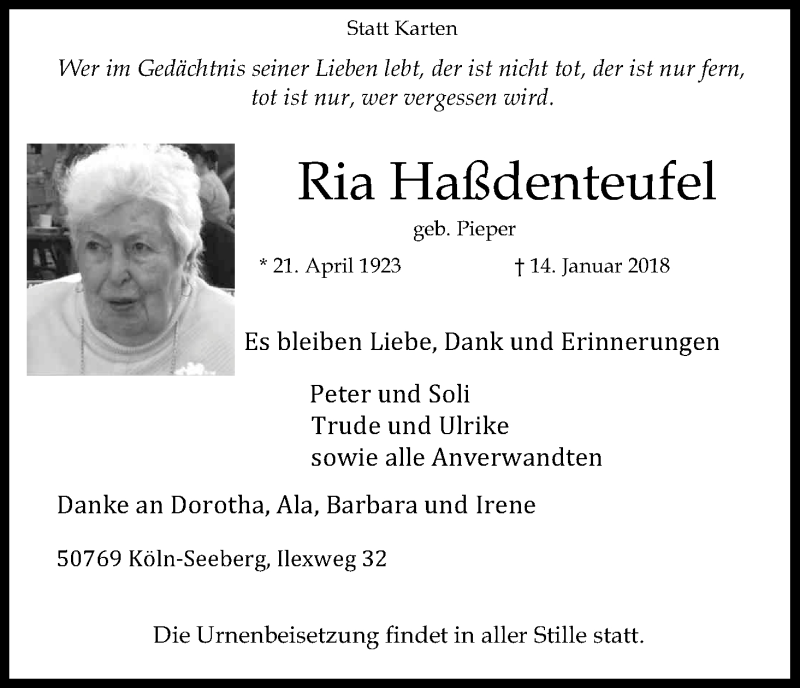  Traueranzeige für Ria Haßdenteufel vom 20.01.2018 aus Kölner Stadt-Anzeiger / Kölnische Rundschau / Express