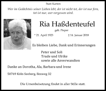 Anzeige von Ria Haßdenteufel von Kölner Stadt-Anzeiger / Kölnische Rundschau / Express