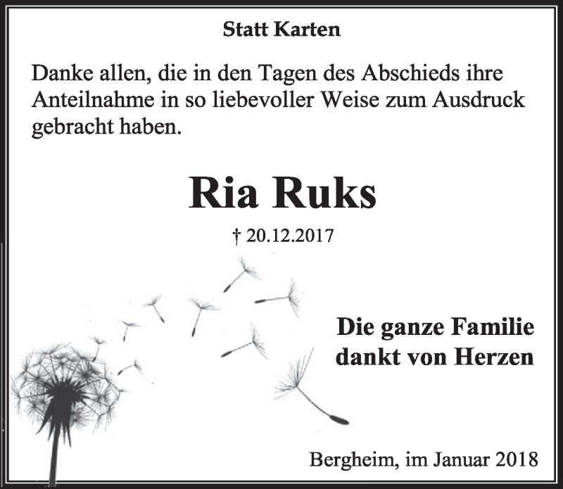  Traueranzeige für Ria Ruks vom 20.01.2018 aus  Sonntags-Post 