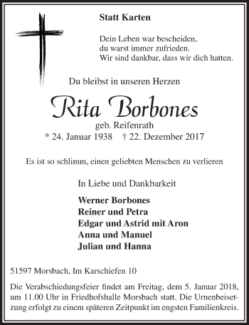 Anzeige von Rita Borbones von  Lokalanzeiger 