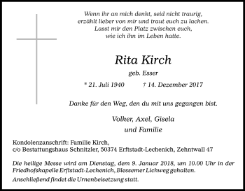Anzeige von Rita Kirch von Kölner Stadt-Anzeiger / Kölnische Rundschau / Express