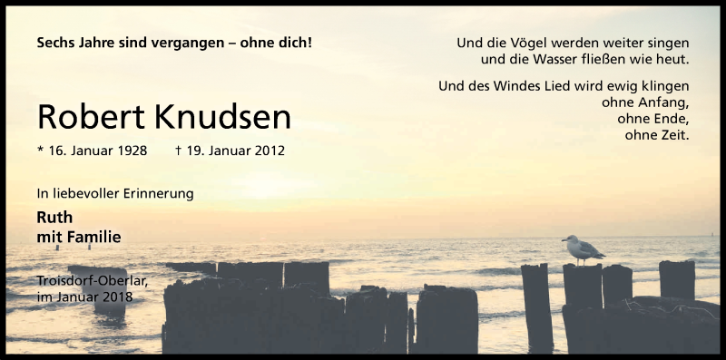  Traueranzeige für Robert Knudsen vom 20.01.2018 aus Kölner Stadt-Anzeiger / Kölnische Rundschau / Express