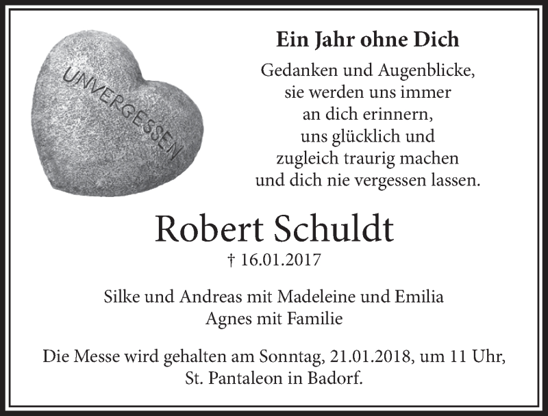  Traueranzeige für Robert Schuldt vom 10.01.2018 aus  Schlossbote/Werbekurier 