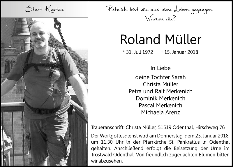  Traueranzeige für Roland Müller vom 20.01.2018 aus  Bergisches Sonntagsblatt 