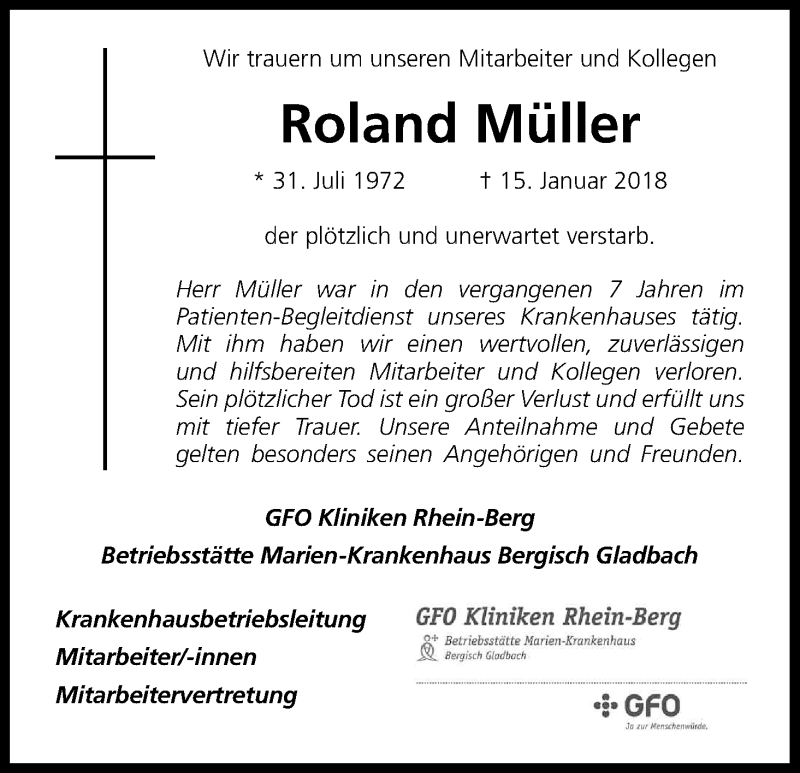  Traueranzeige für Roland Müller vom 24.01.2018 aus Kölner Stadt-Anzeiger / Kölnische Rundschau / Express