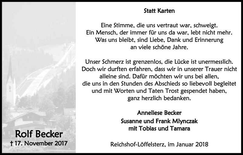  Traueranzeige für Rolf Becker vom 17.01.2018 aus Kölner Stadt-Anzeiger / Kölnische Rundschau / Express