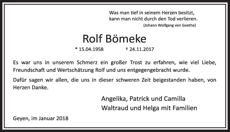  Traueranzeige für Rolf Bömeke vom 20.01.2018 aus  Sonntags-Post 