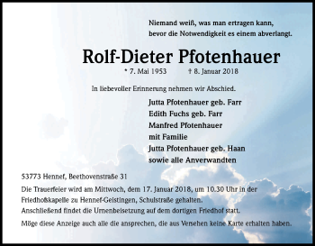Anzeige von Rolf-Dieter Pfotenhauer von Kölner Stadt-Anzeiger / Kölnische Rundschau / Express