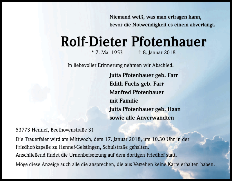  Traueranzeige für Rolf-Dieter Pfotenhauer vom 12.01.2018 aus Kölner Stadt-Anzeiger / Kölnische Rundschau / Express