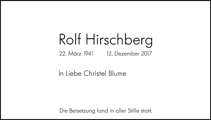  Traueranzeige für Rolf Hirschberg vom 12.01.2018 aus Kölner Stadt-Anzeiger / Kölnische Rundschau / Express